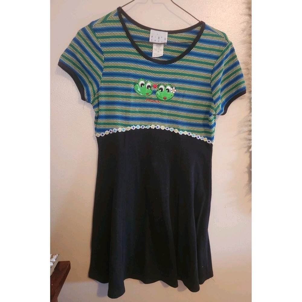 Y2k Y.O.U. Babes Short Sleeve Dress Size 16/ Women's Small‎ 90s Frog Black Blue